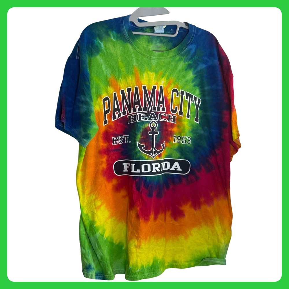 Gildan Panama City Beach Florida Tie Dye T-Shirt XL Rainbow Anchor Graphic Tee